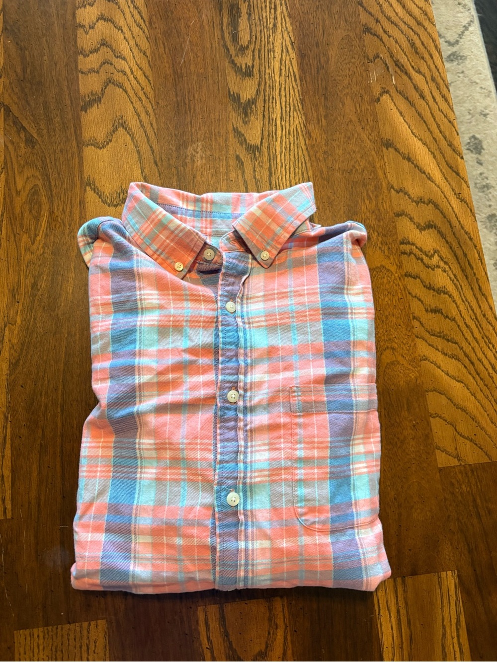 Vineyard Vines Coral Pink and Light Blue Plaid Button-Down Shirt